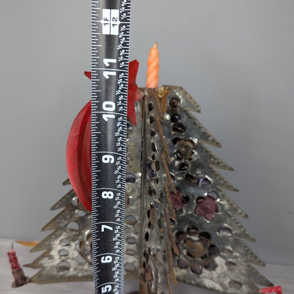 Vintage Primitive Folk Art Metal Christmas Tree Candle Holder with Red Star 12" - Picture 12 of 12